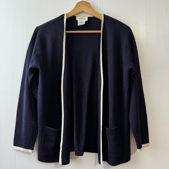 Talbots 100% Silk Open Front Cardigan Navy W/ivory Trim Women's Size P - Picture 1 of 16